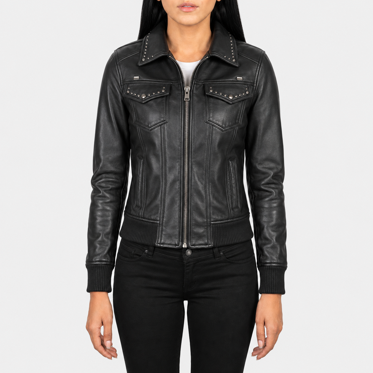 Rion Studded Leather Bomber Jacket