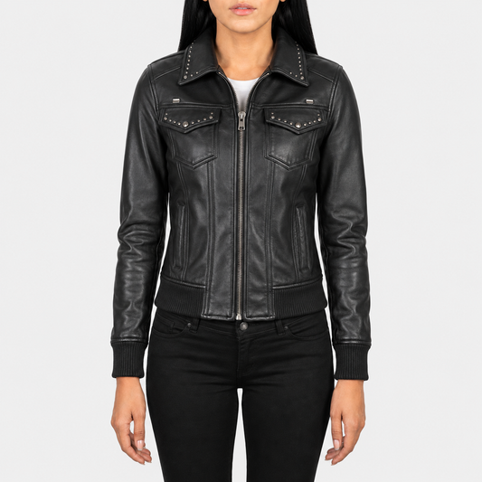 Rion Studded Leather Bomber Jacket