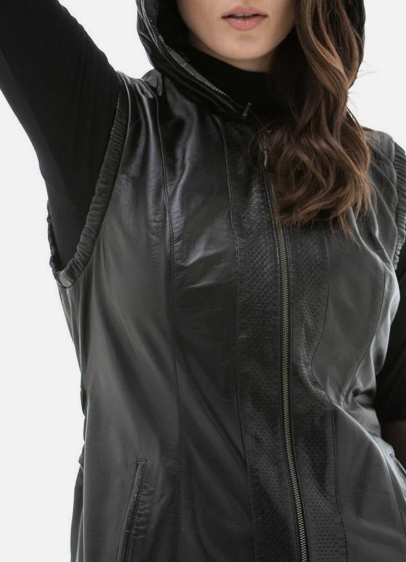 Women's Black Fashionable Hooded Leather Vest