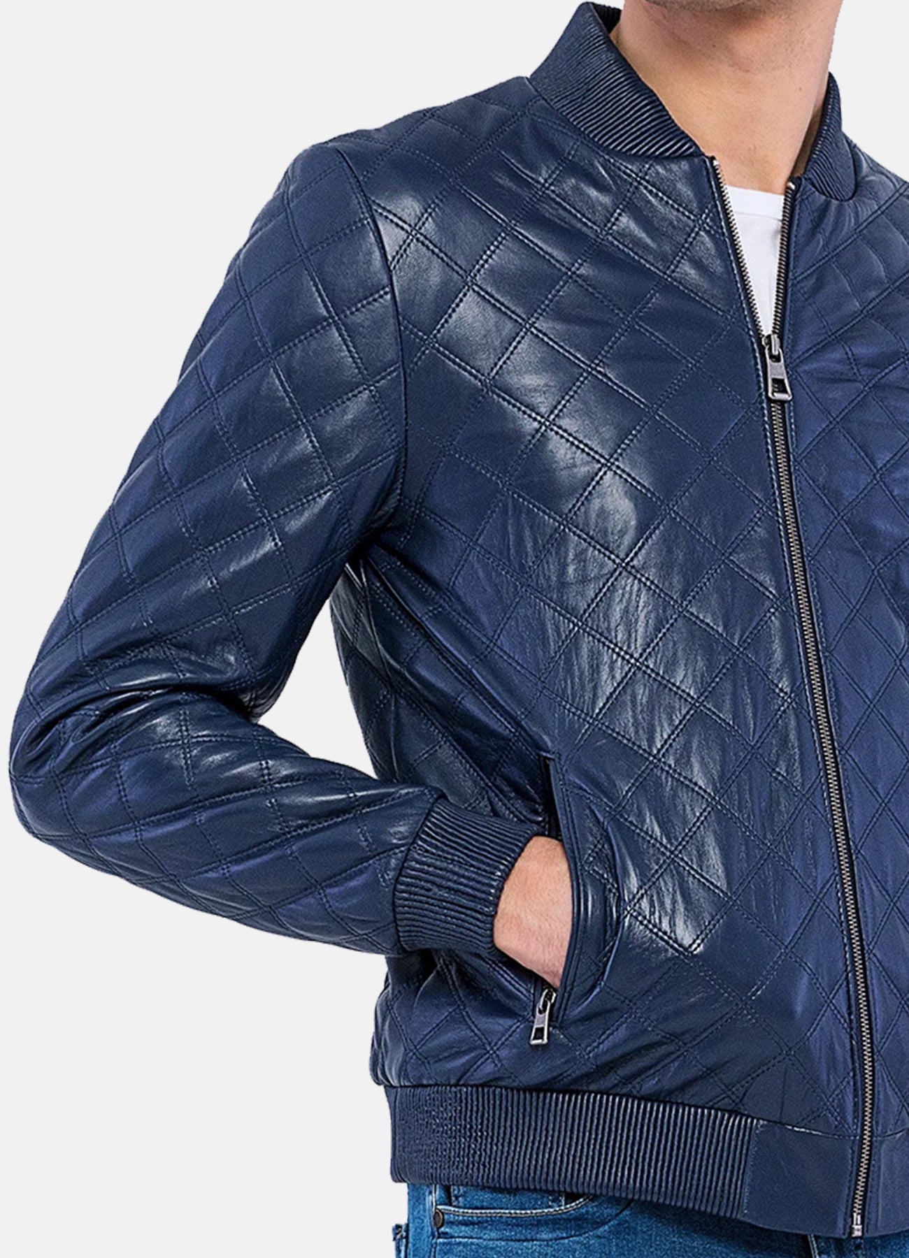 Men's Blue Quilted Leather Bomber Jacket