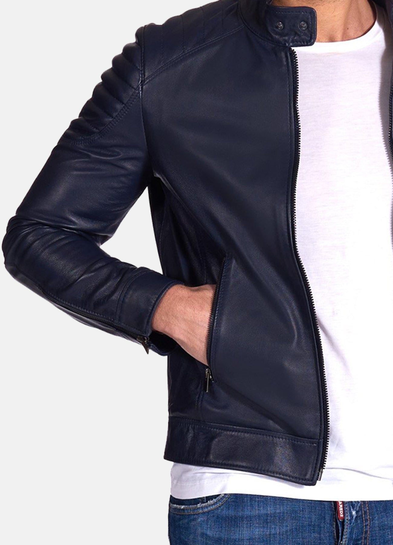 Men's Padded Shoulder Blue Biker Leather Jacket