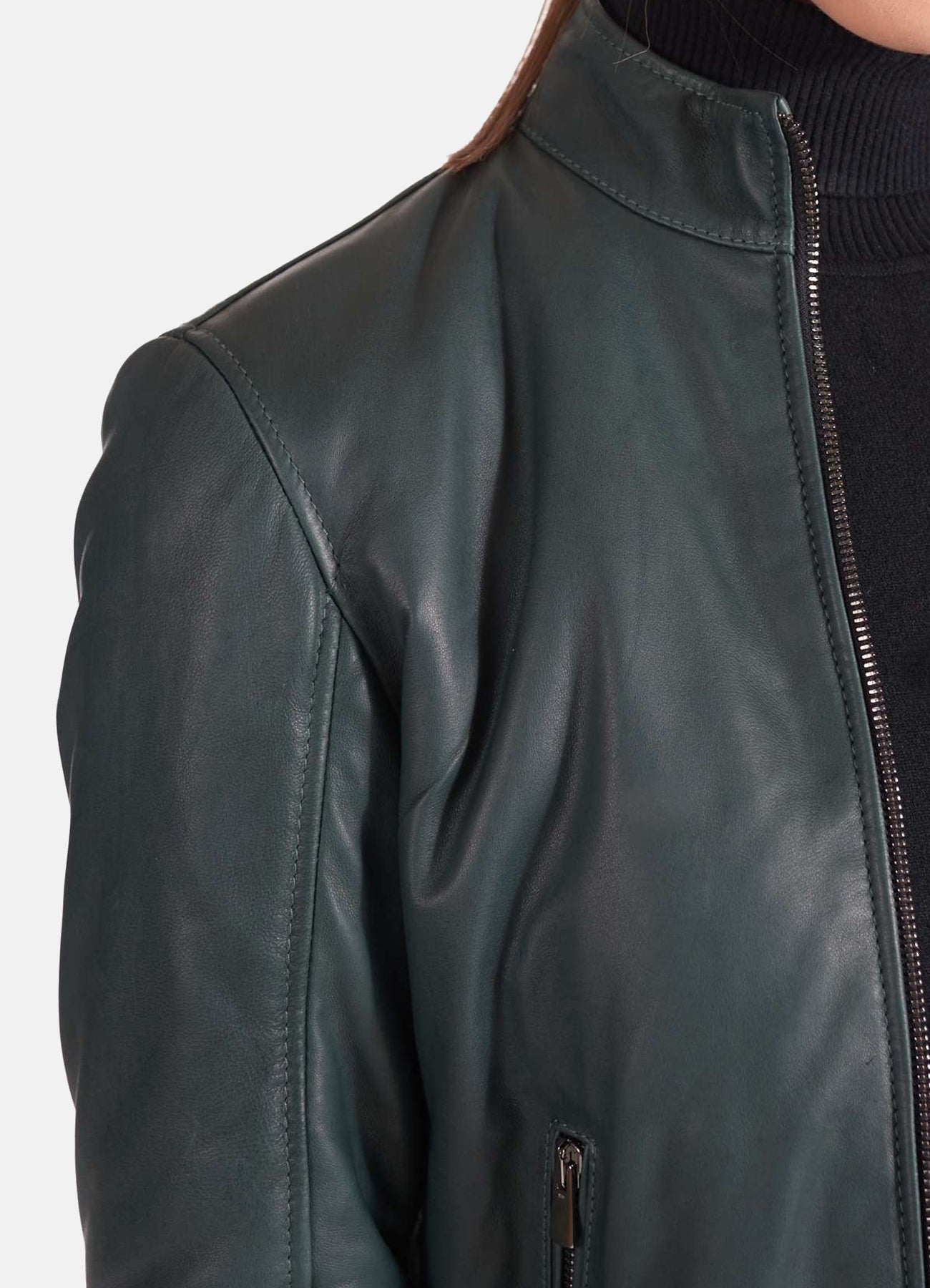 Women's Slimfit Green Leather Bomber Jacket