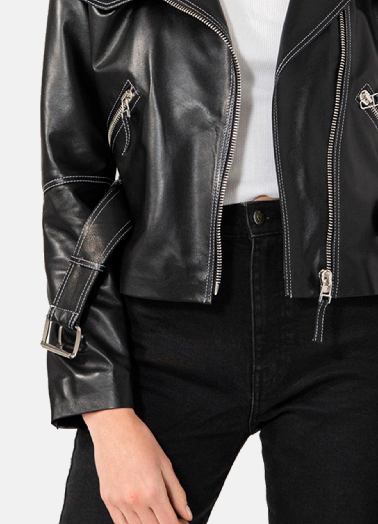 Women's White Stitched Black Biker Leather Jacket