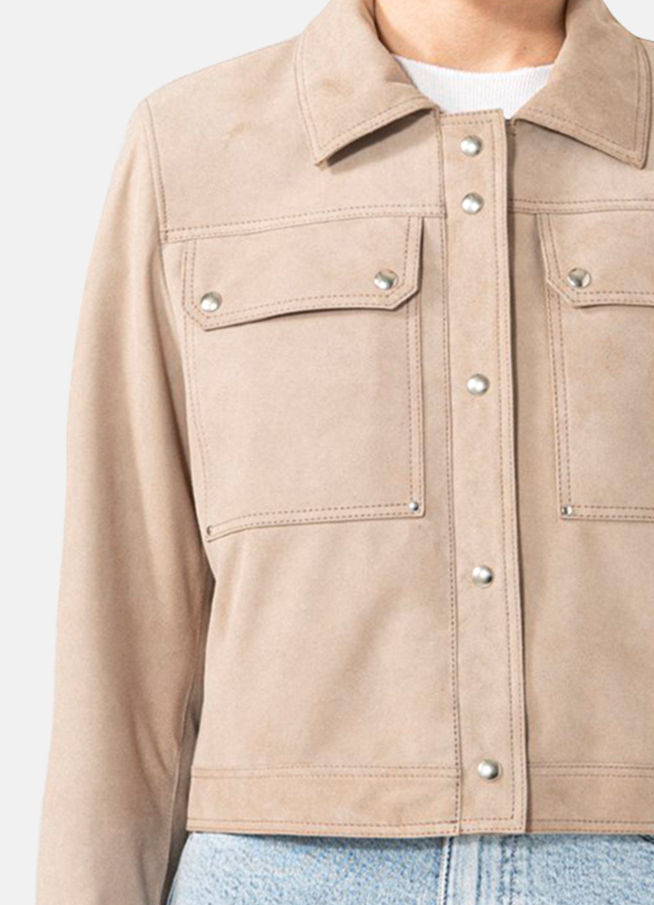 Women's Beige Denim Style Suede Leather Jacket