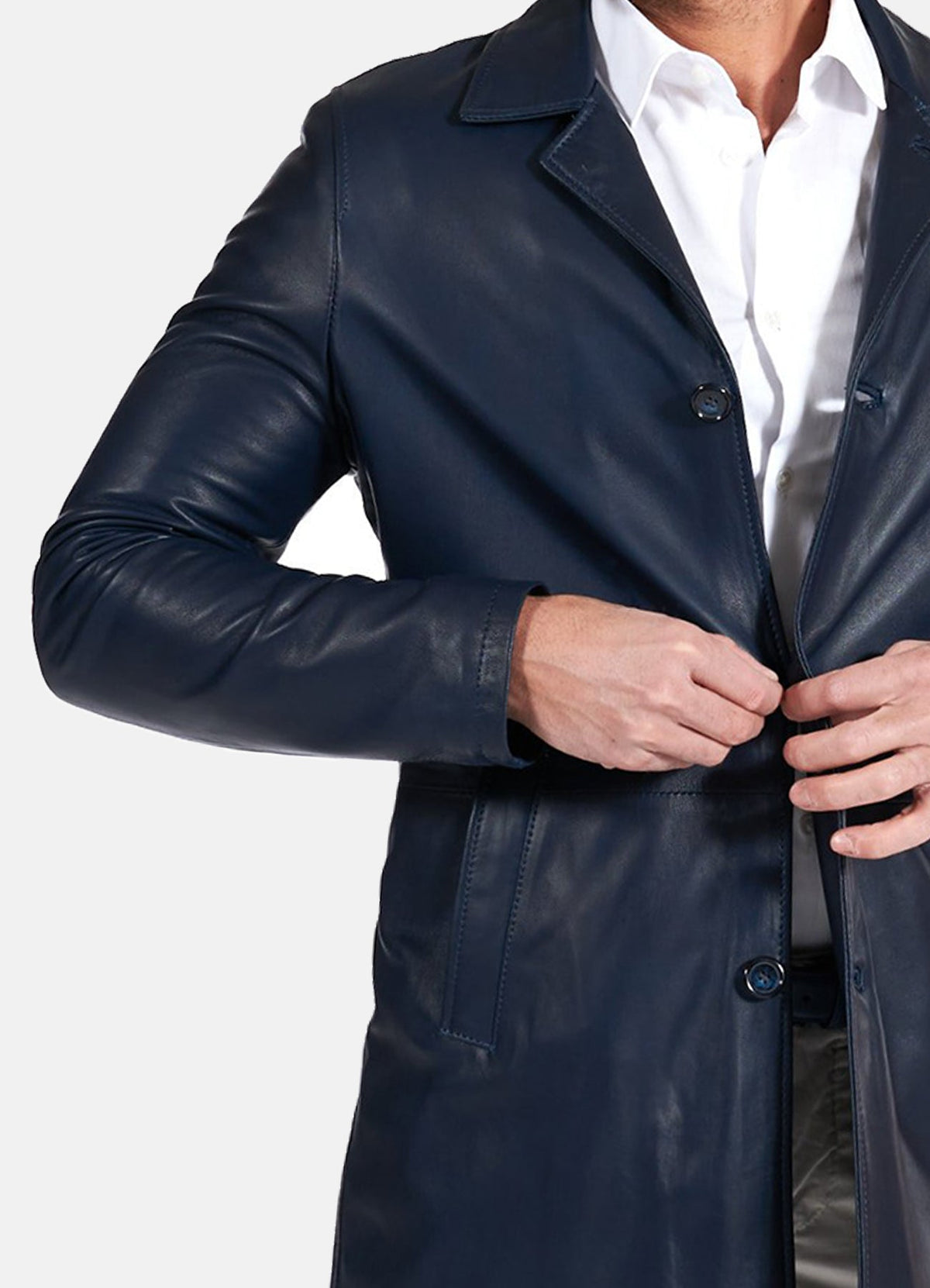Men's Casual Blue Mid-Length Leather Coat