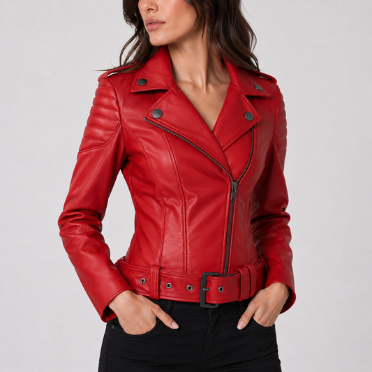 Scarlet Edge Women's Red Leather Biker Jacket
