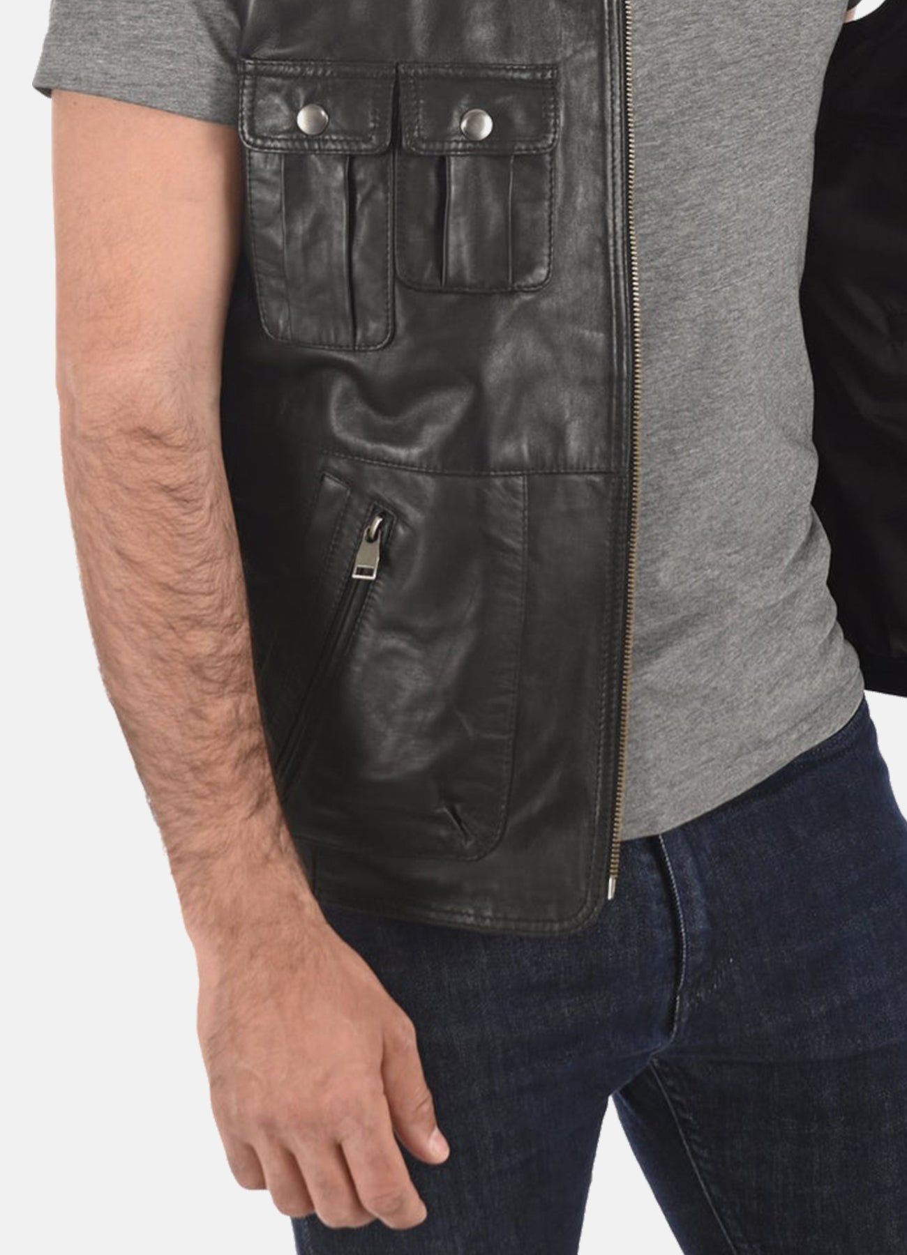 Men's Military Style Black Leather Vest