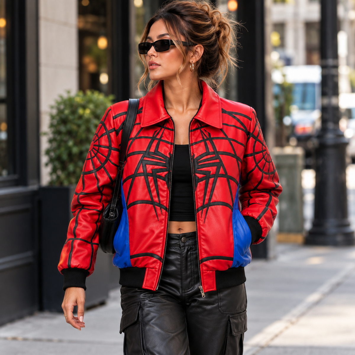 Spider-Man Inspired Red & Blue Web Women's Leather Jacket