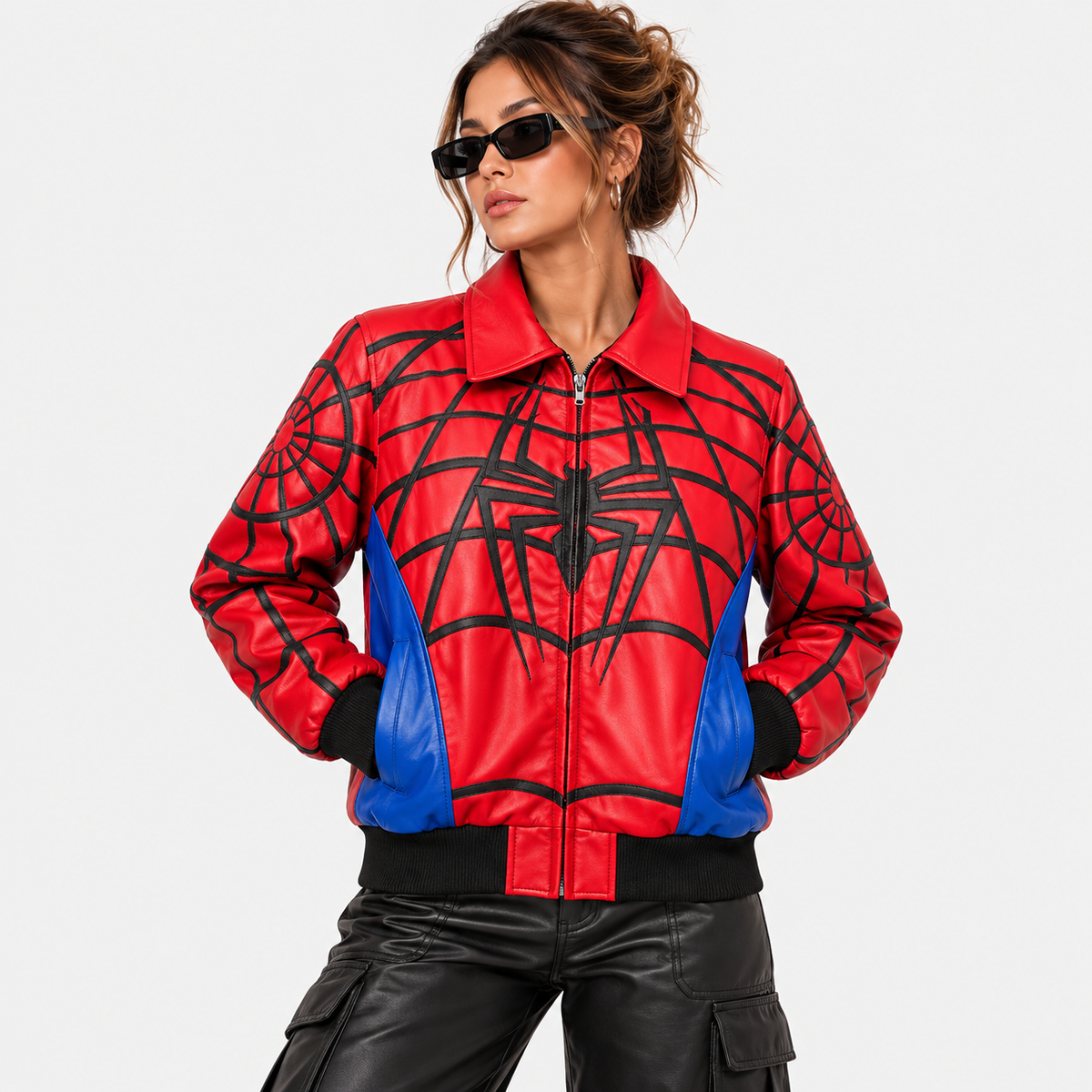 Spider-Man Inspired Red & Blue Web Women's Leather Jacket