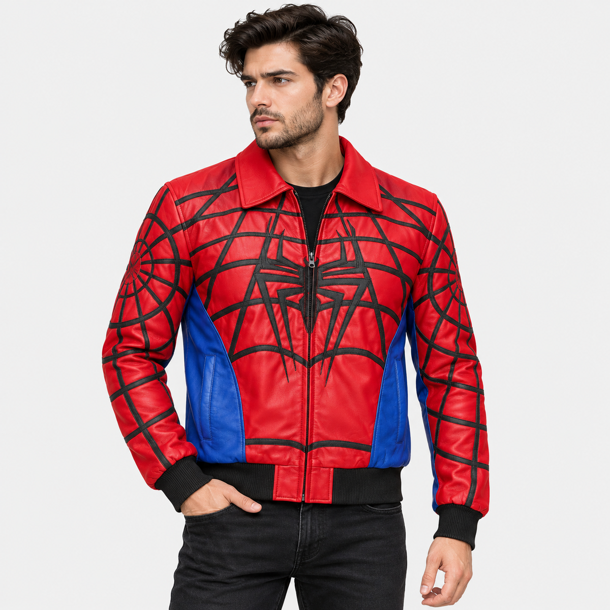 Spider-Man Inspired Red & Blue Web Men's Leather Jacket
