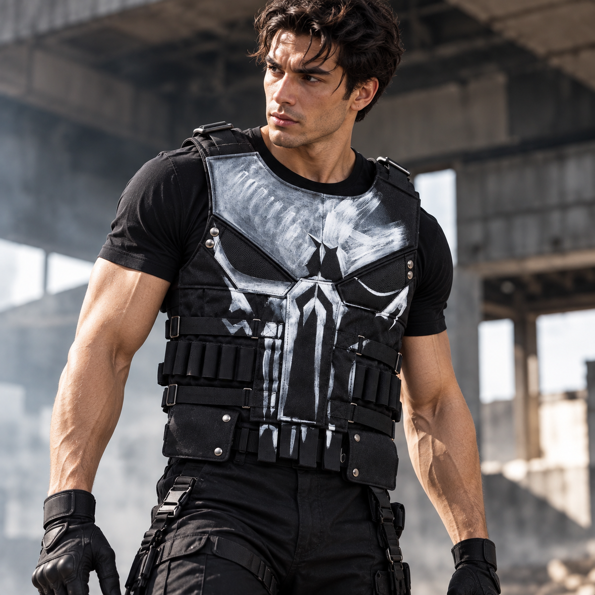 The Punisher Men's Skull Tactical Leather Vest