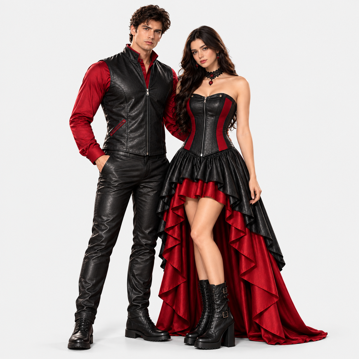 Gothic Vampire Couple Costume – Black & Red Leather Outfit
