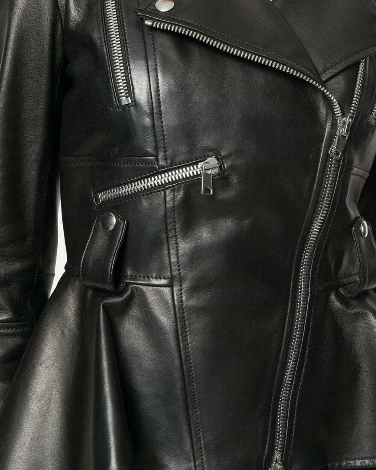 Women Black Peplum Richline Leather Jacket