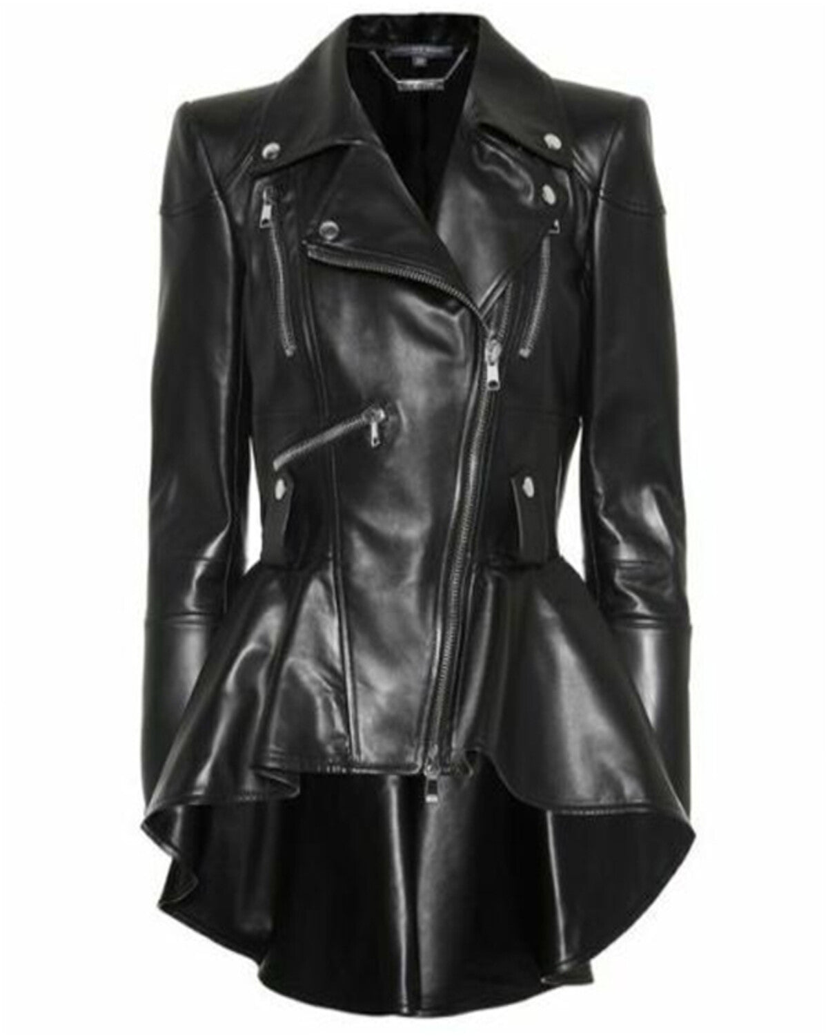 Women Black Peplum Richline Leather Jacket