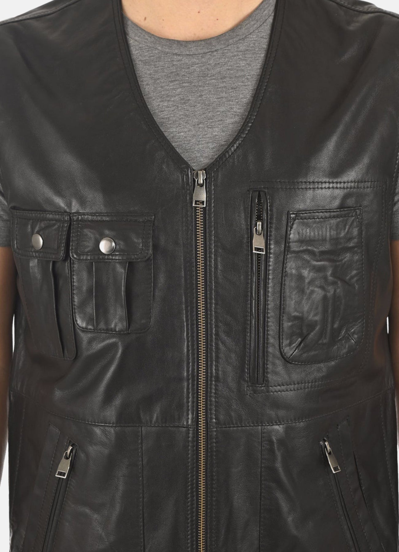 Men's Military Style Black Leather Vest