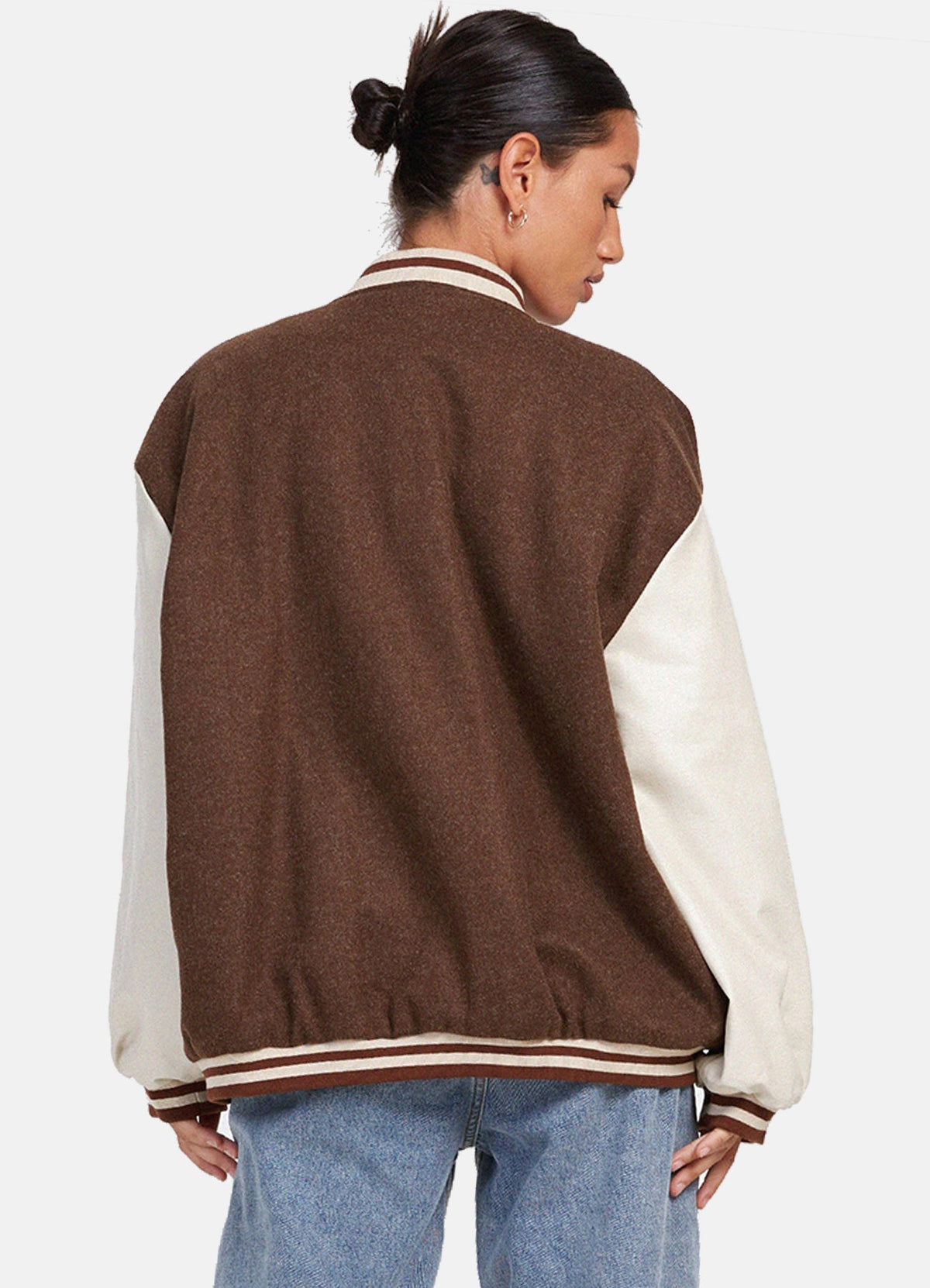 Women's Brown and White Oversized Varsity Jacket