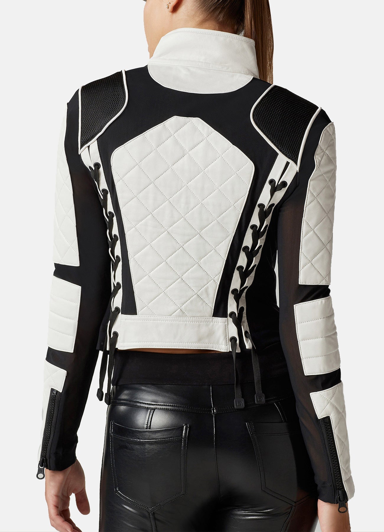 Women's White and Black Biker Leather Jacket