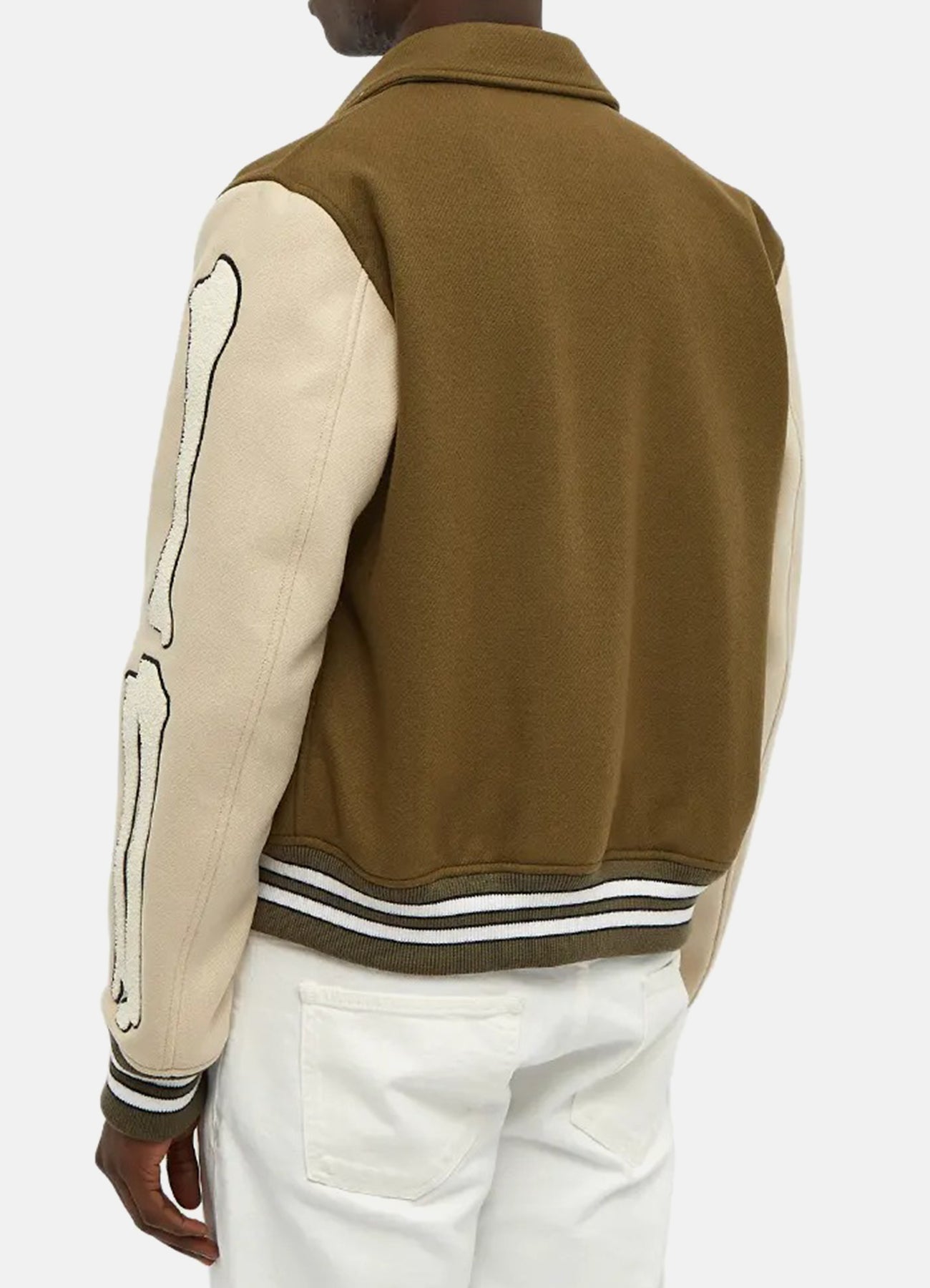Men's Olive Green and Beige Bone Design Varsity Jacket