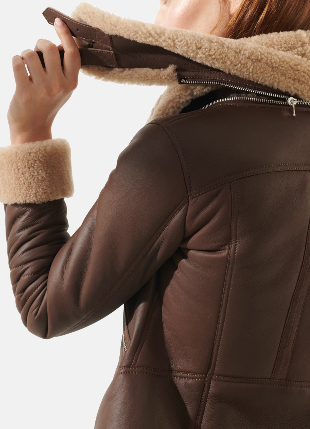 Women's Brown Double Collar Shearling Leather Jacket