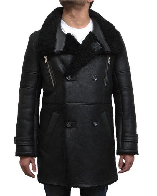 Men's Black Foldable Notched Fur collar Duffle Coat