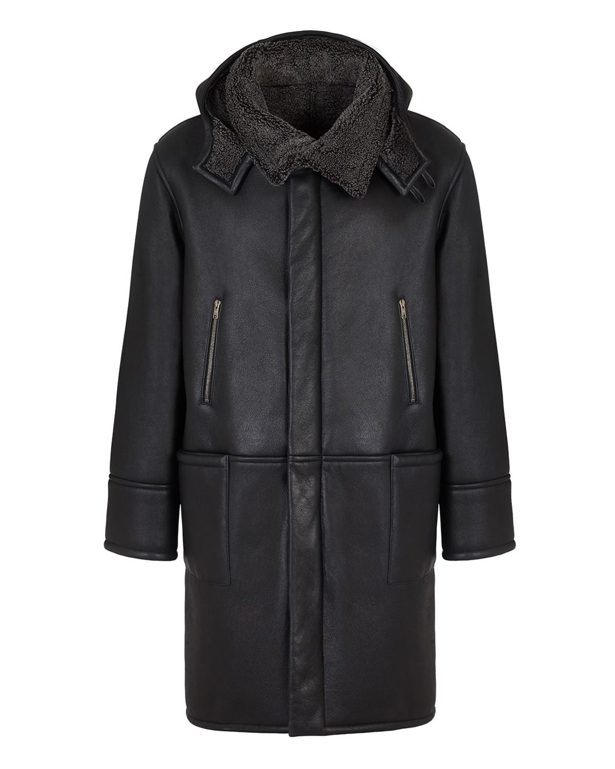 Men's Black Hooded Real Leather Coat