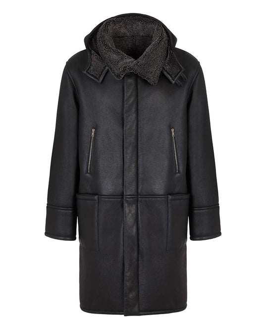 Men's Black Hooded Real Leather Coat