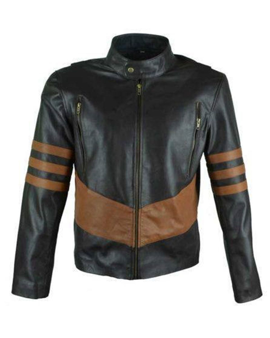 Men's Black Cafe Racer With Brown Stripes Leather Jacket