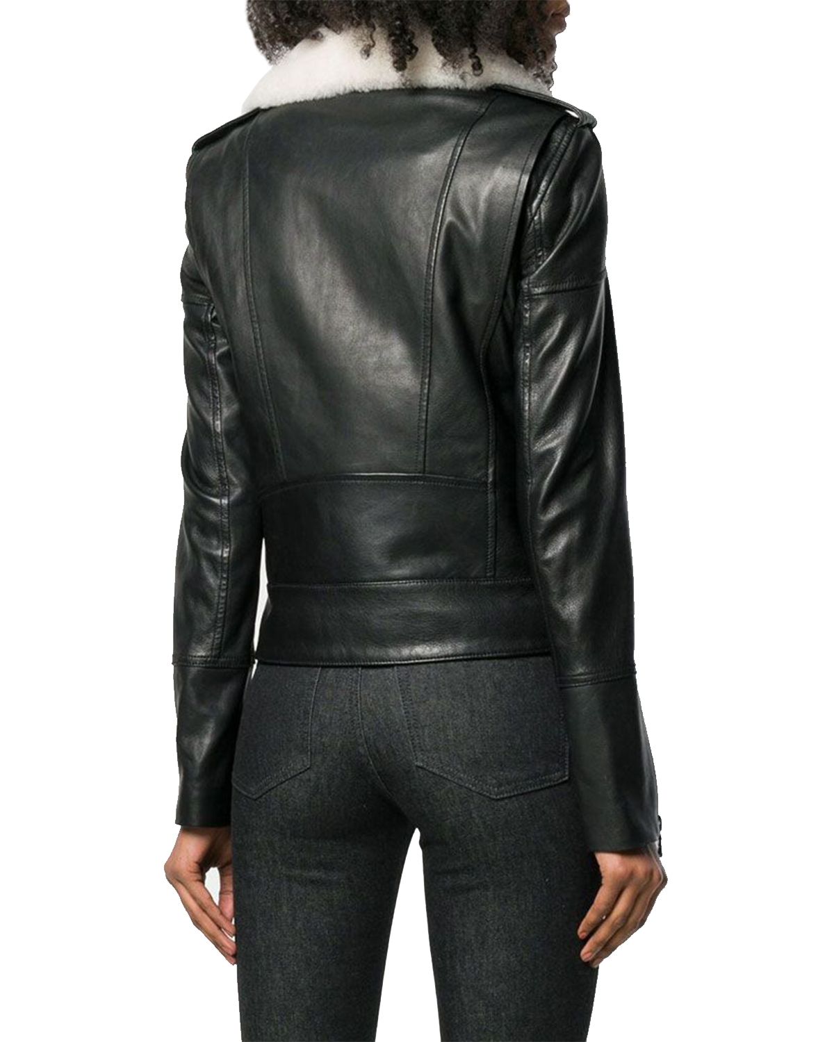 Women's Fur Collar Black Aviator Biker Style Leather Jacket