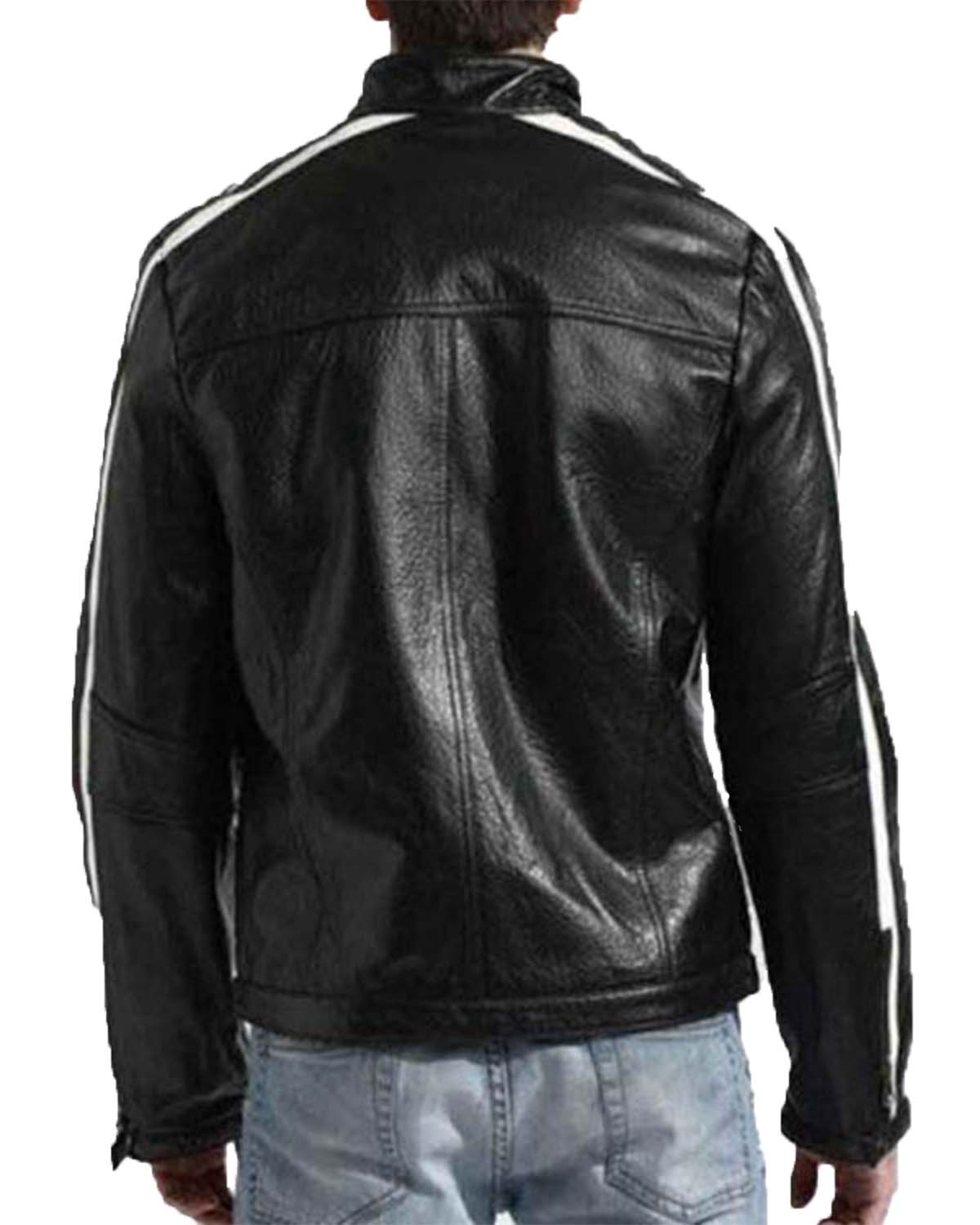 White Striped Black Cafe Racer Leather Jacket