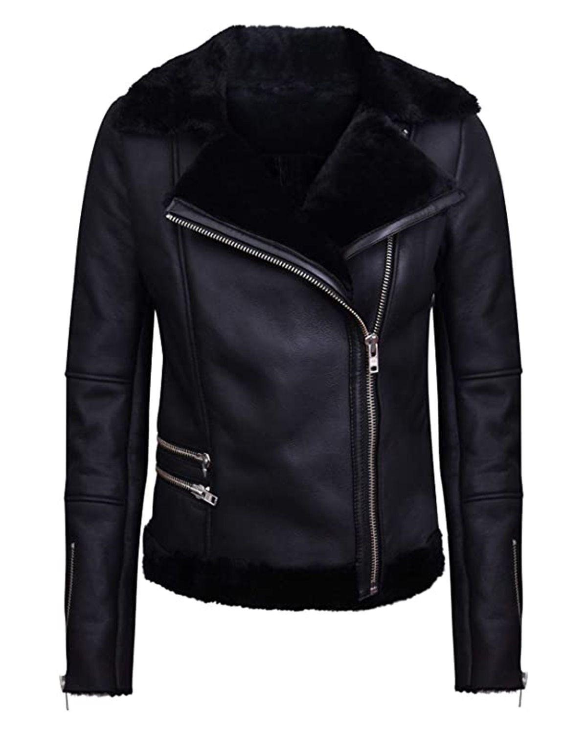 Women Fur Collar Black Biker Aviator Style Jacket