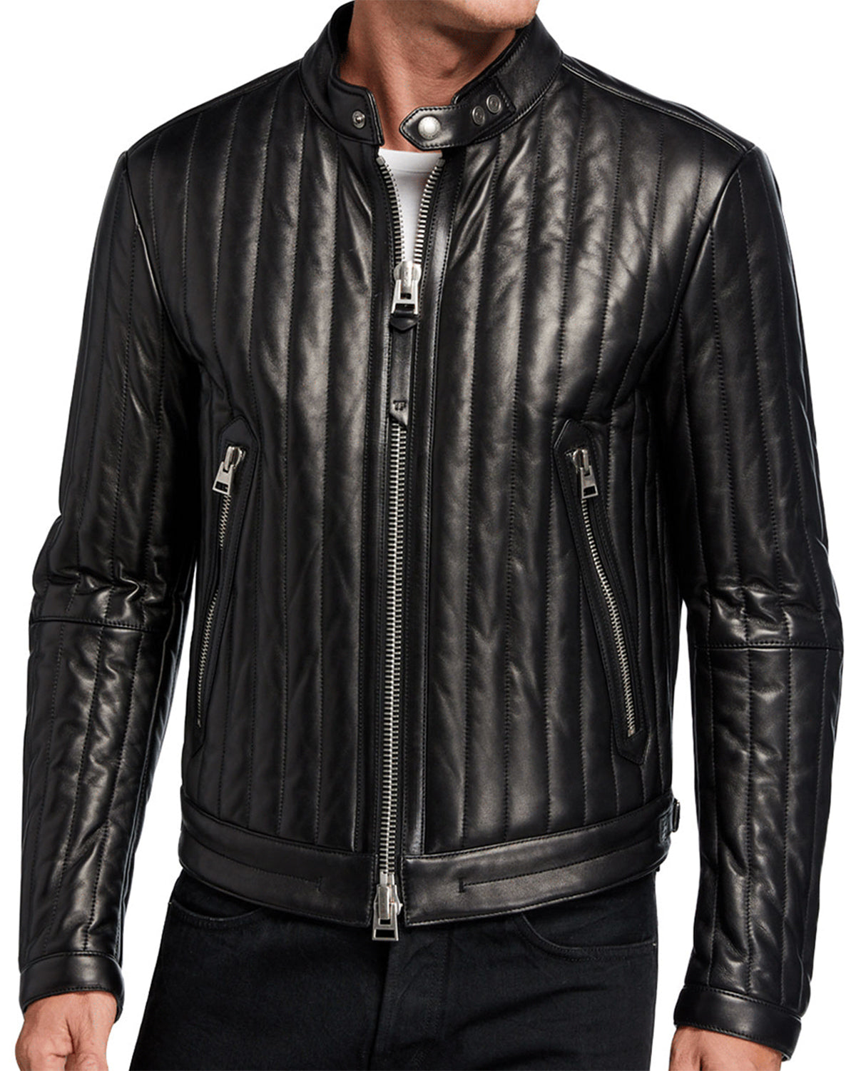 Men Vertical Channel Leather Biker Jacket
