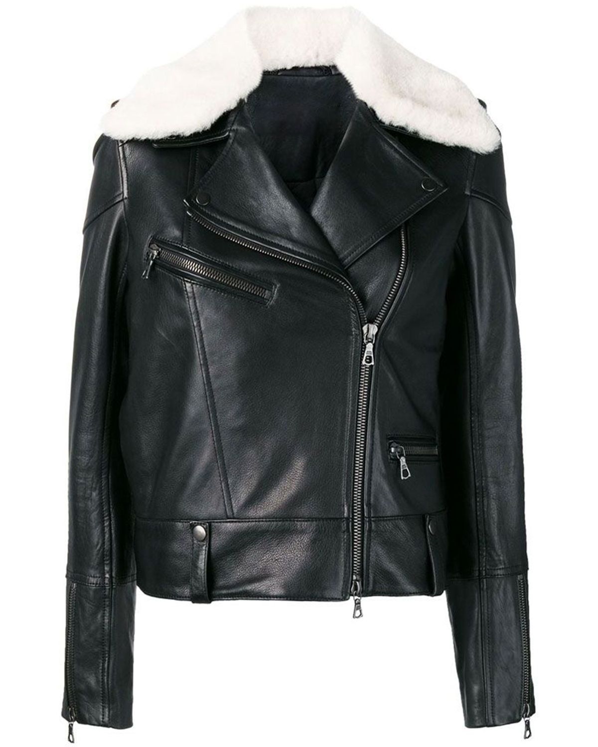 Women's Fur Collar Black Aviator Biker Style Leather Jacket