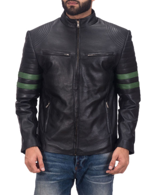 Men's Black Biker With Green Stripes Leather Jacket