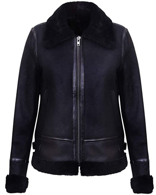 Women's Black Aviator Biker Genuine Sheepskin Leather Jacket