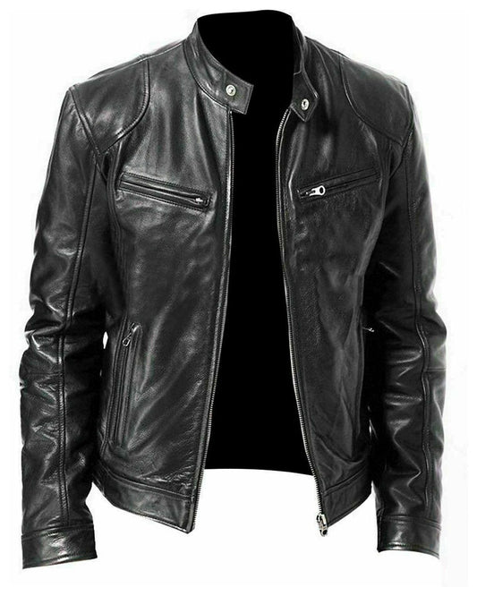 Men's Sword Cafe Racer Biker Real Sheepskin Leather Jacket