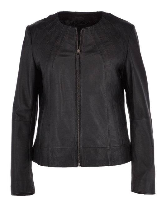Women's Stylish Collarless Genuine Sheepskin Leather Jacket