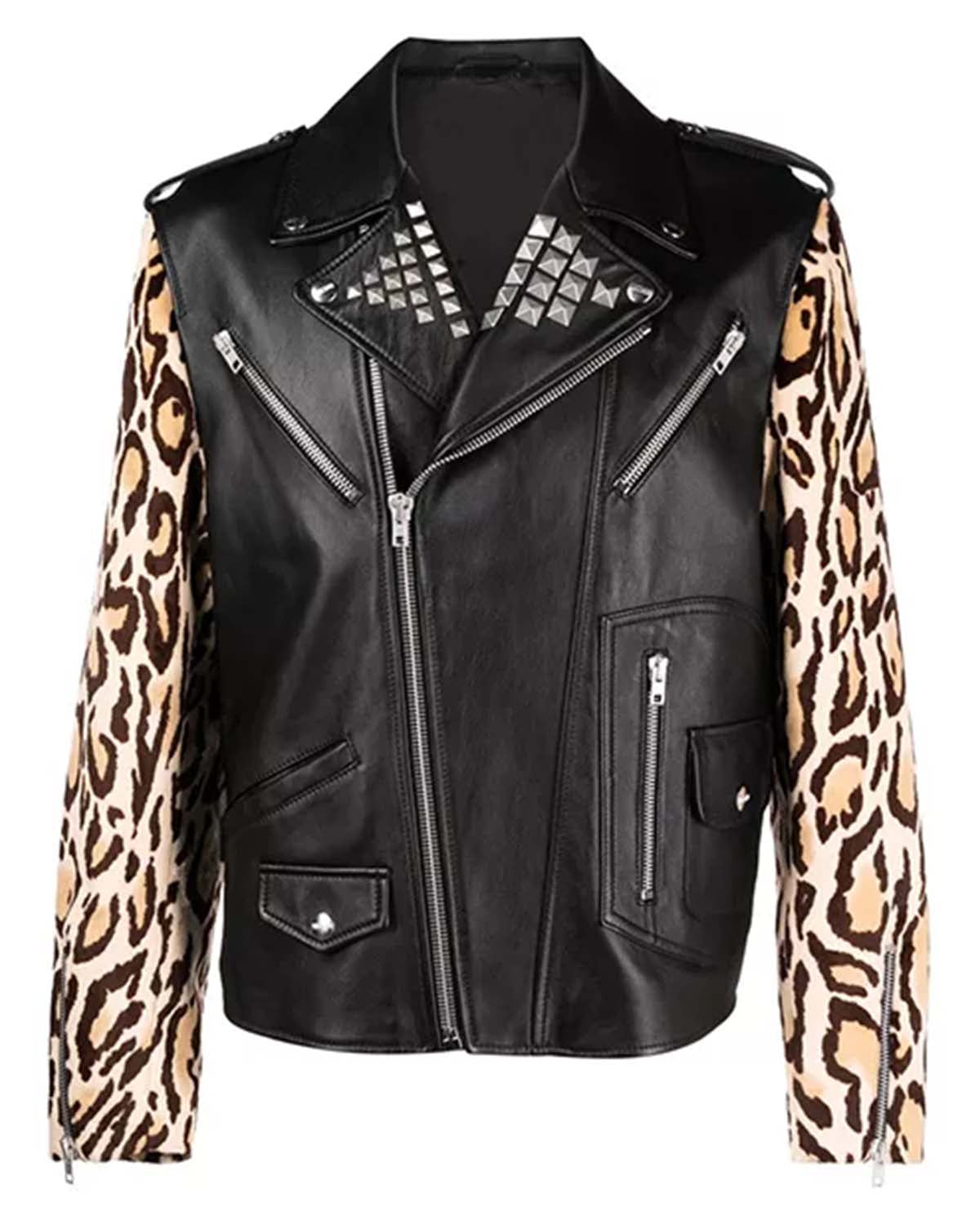 Men's Leopard Print Biker Leather Jacket