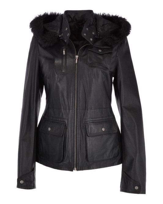 Women's Hooded Biker Real Sheepskin Leather Jacket