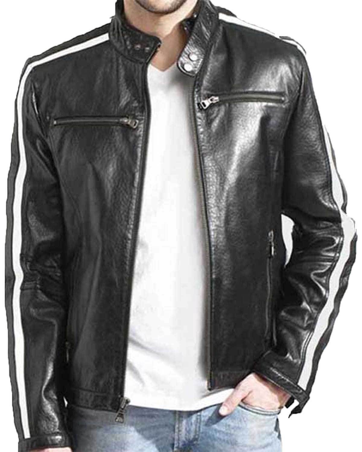 White Striped Black Cafe Racer Leather Jacket