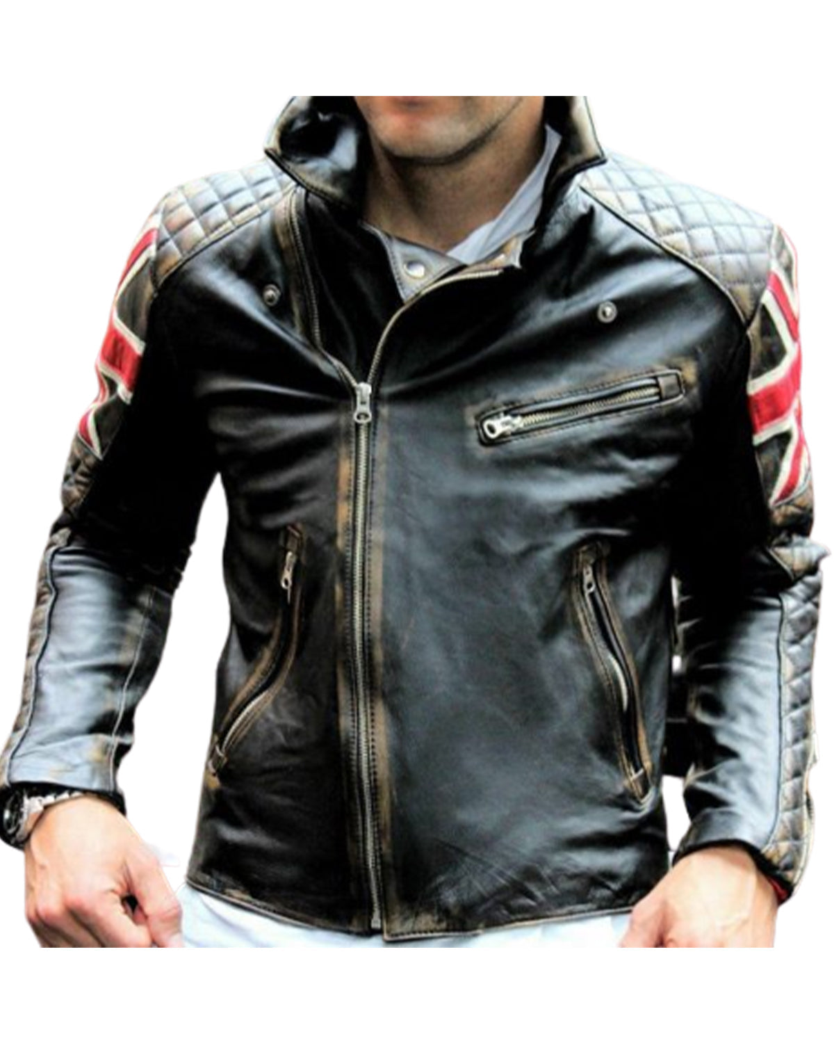Men's UK Flag Vintage Motorcycle Cafe Racer Retro Distressed Jacket