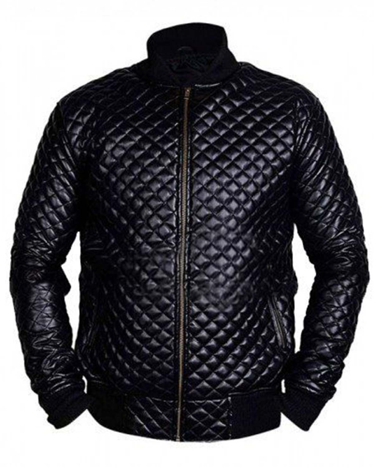 Men's Diamond Quilted Black Motorcycle Bomber Jacket