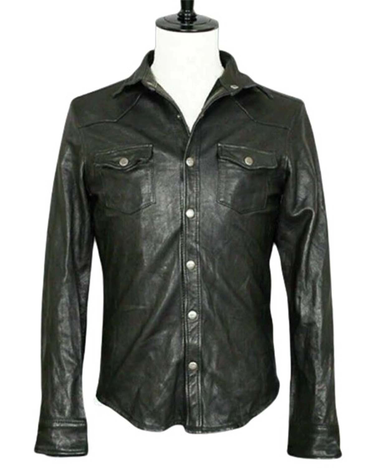 Men's Vintage Black Leather Shirt Jacket Casual Coat