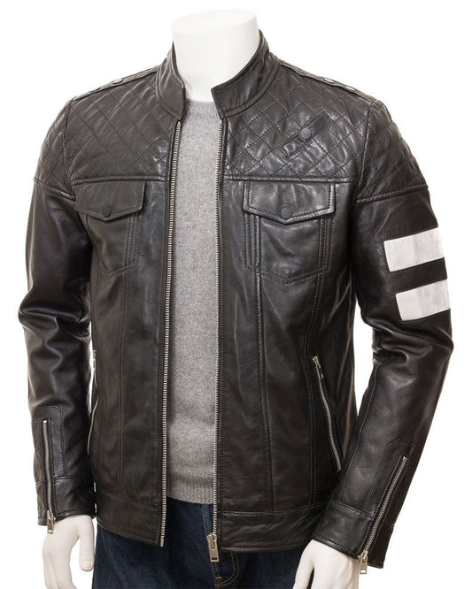 Men's Stand Collar Black Cafe Racer Biker Leather Jacket