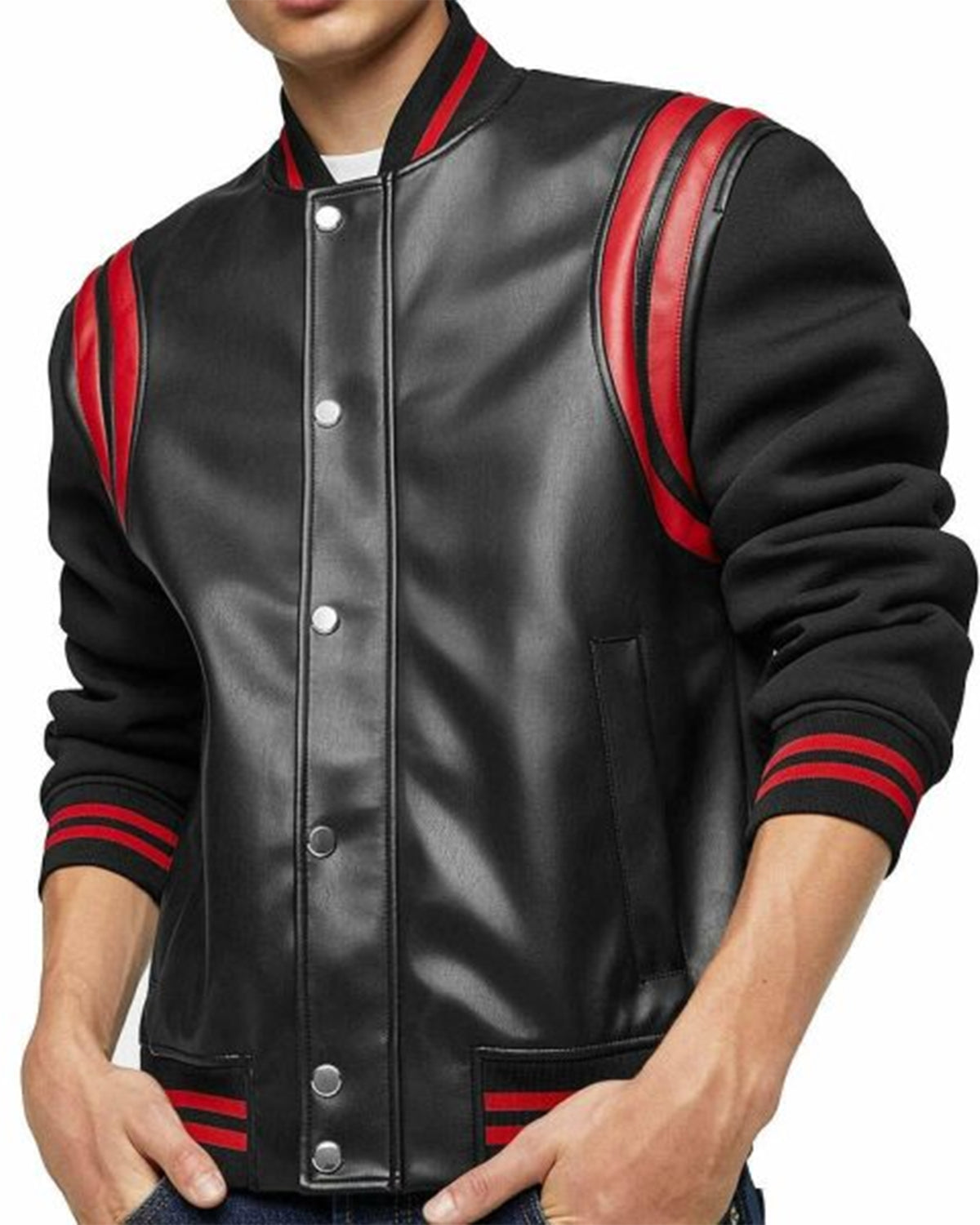 Men's Black with Red Stripes Leather Jacket