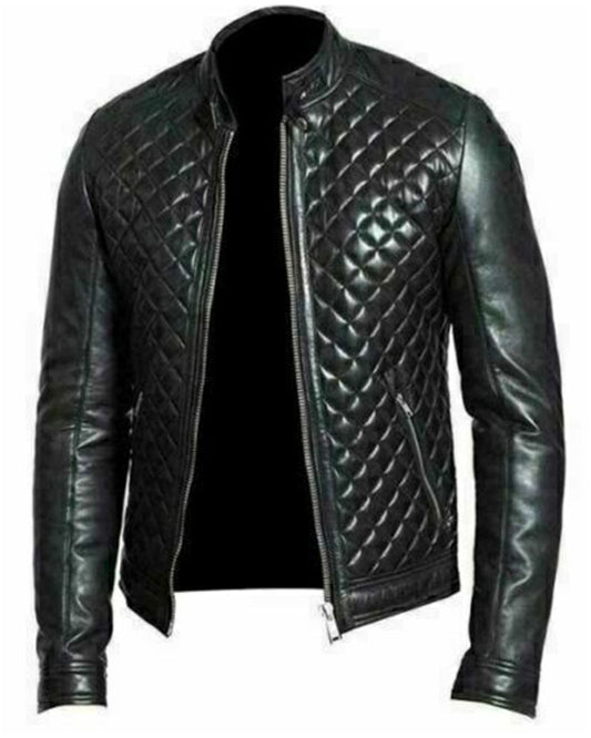 Men's Quilted Black Cafe Racer Real Sheepskin Leather Jacket