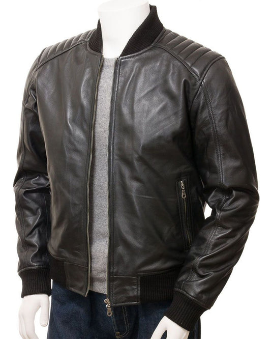 Men's Black Quilted Shoulder Bomber Leather Jacket