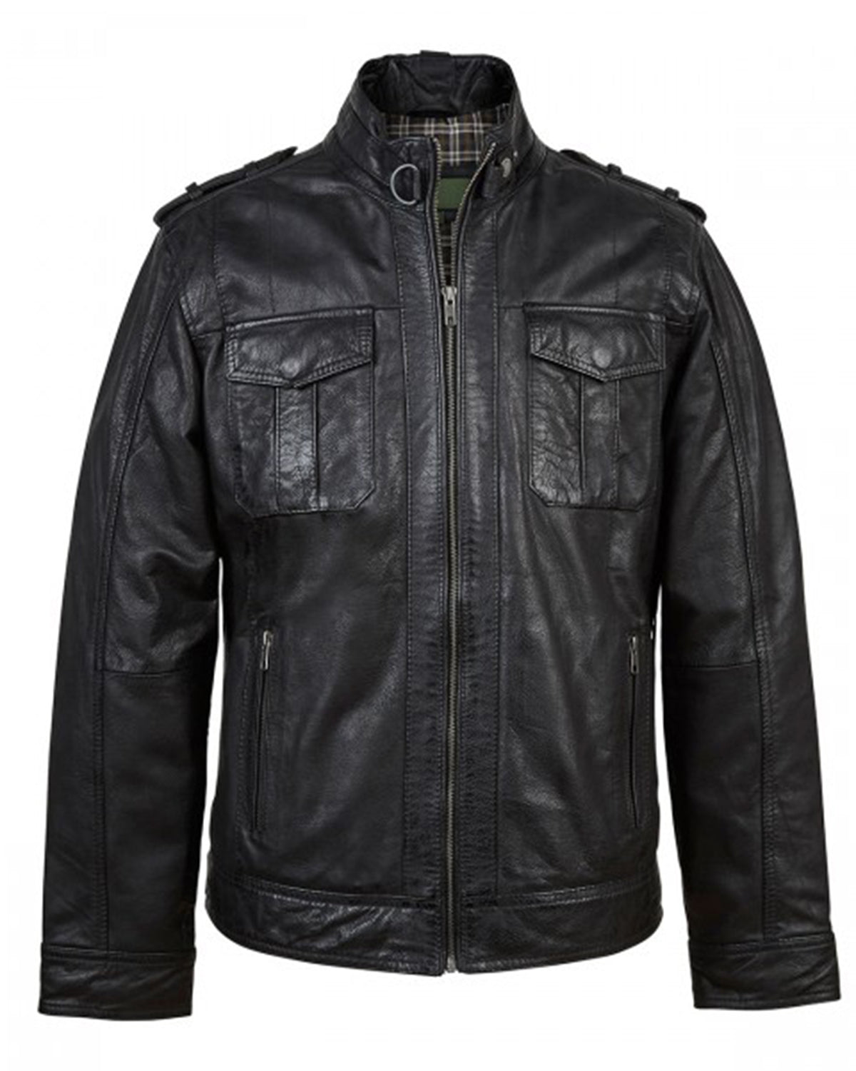 Men's Stand up Collar Black Leather Jacket