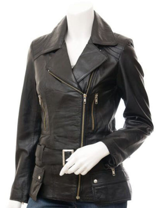 Women's Long Black Biker Real Sheepskin Leather Jacket