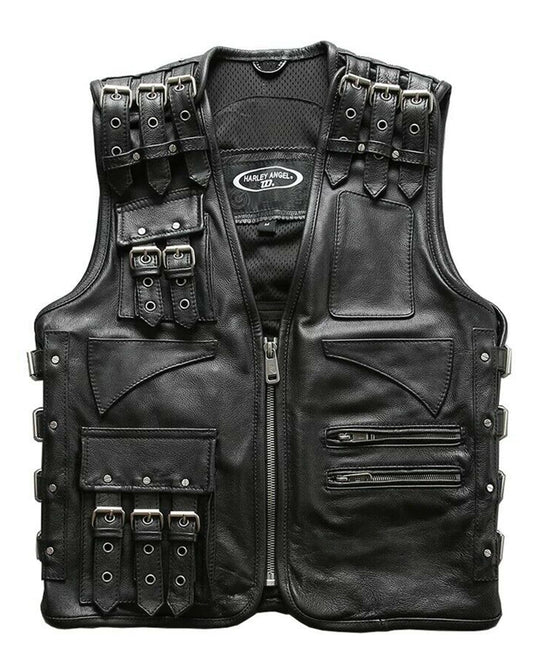 Men's Cargo Style Biker Cowhide Leather Vest Jacket