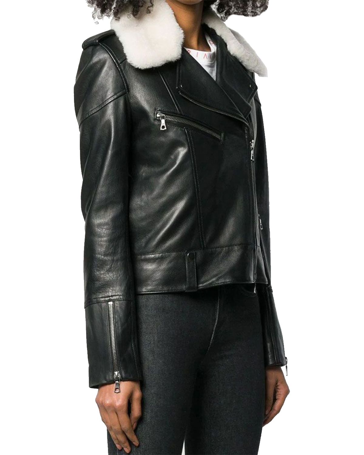 Women's Fur Collar Black Aviator Biker Style Leather Jacket